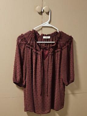 Mauve Swiss Dot Ruffle Peasant Blouse